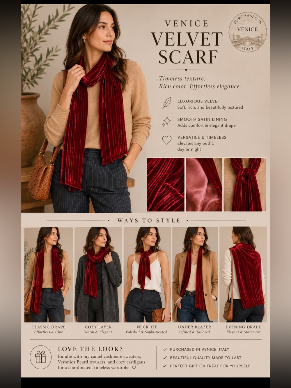 Women’s Velvet Red Scarf- Unbranded- purchased in Venice Italy